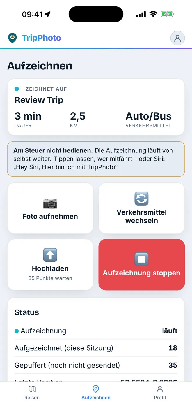 TripPhoto-App: Aufzeichnung mit Strecke, Tempo und Höhe